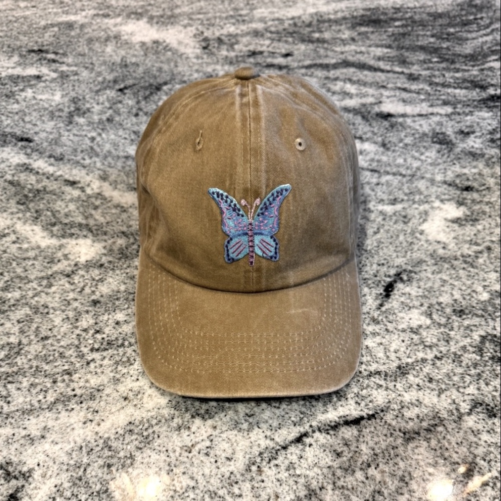 New Custom Designed Washed Khaki Baseball Cap with Butterfly, Adjustable.